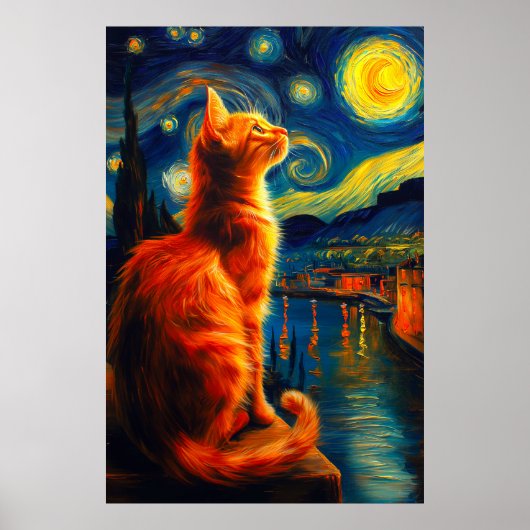 Contemplative Ginger Cat | Starry Night Sky ポスター (正面)