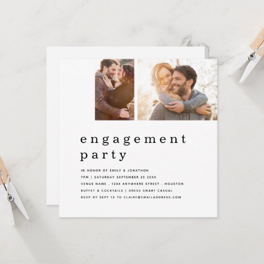 Contemporary 2 Photo Grid Engagement Party Square 招待状 (正面/裏面インサイチュ)