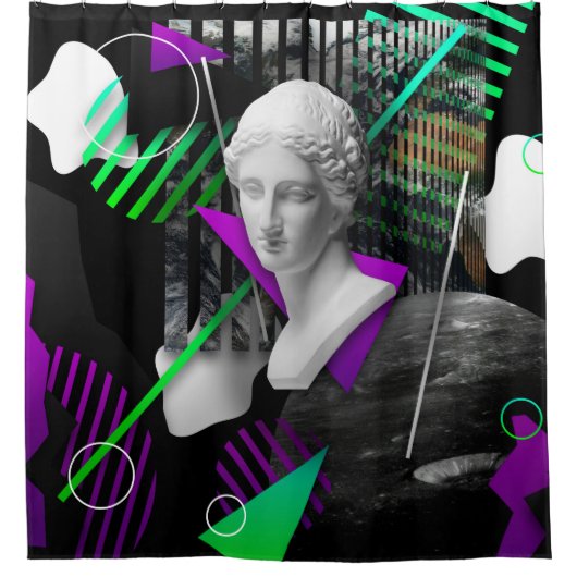 Contemporary art collage with plaster head statue  シャワーカーテン (正面)