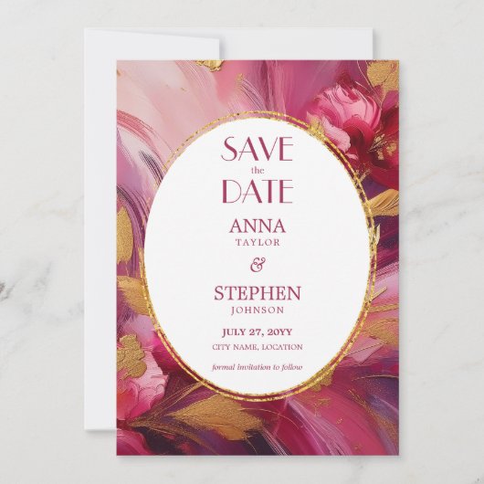 Contemporary Elegance: Fuchsia Pink Gold Save Date 招待状 (正面)
