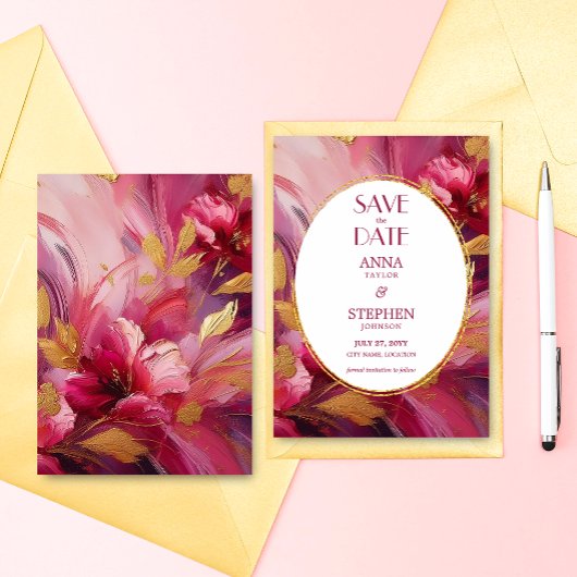 Contemporary Elegance: Fuchsia Pink Gold Save Date 招待状