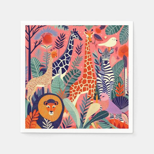 Contemporary exotic animals and birds 1 pink スタンダードカクテルナプキン (正面)