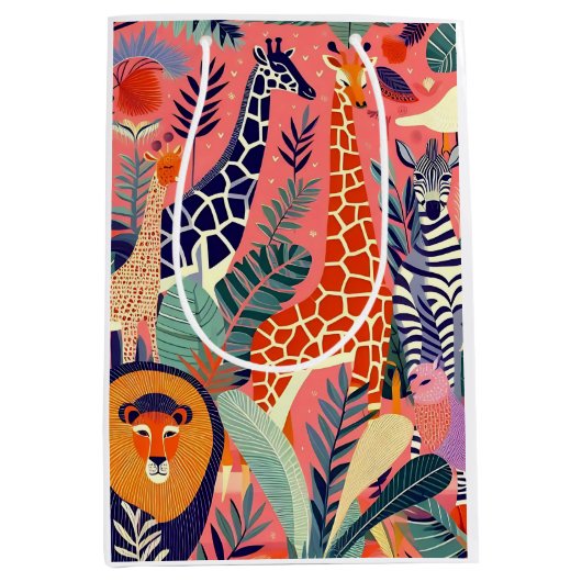 Contemporary exotic animals and birds 1 pink ミディアムペーパーバッグ (正面)