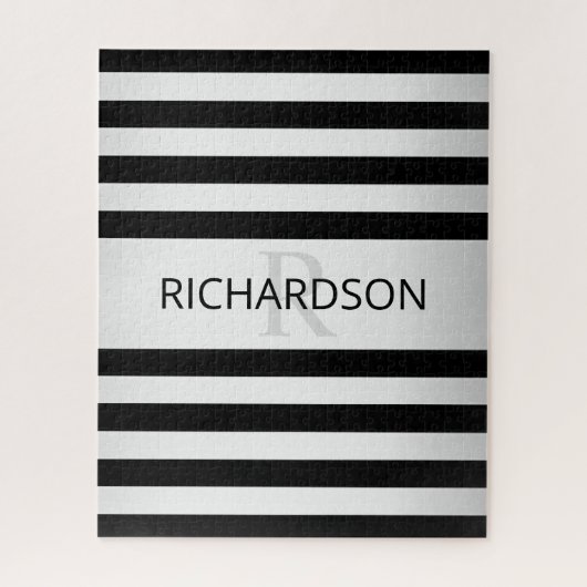 Contemporary Faux Silver Ombre Stripes & Black ジグソーパズル (縦)