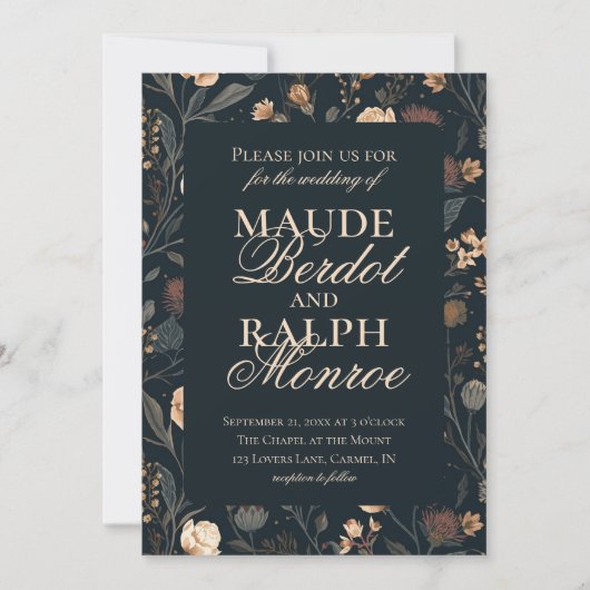 Contemporary Modern Black Floral Wedding 招待状 (正面)