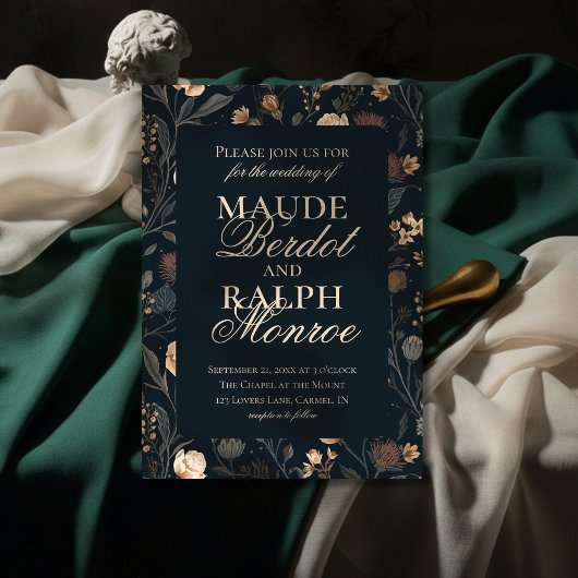 Contemporary Modern Black Floral Wedding 招待状