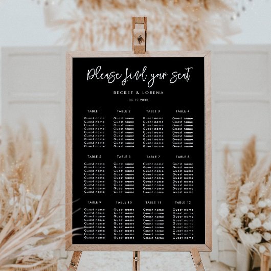 Contemporary modern black wedding seating chart ポスター