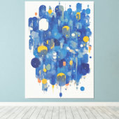 Contemporary Navy Blue Gold Watercolor Paint Drip キャンバスプリント (インサイチュ (ウッドフロア))