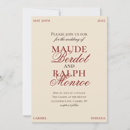 Contemporary Old Money Bold Red Wedding 招待状 (正面)