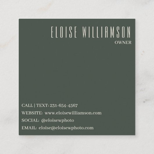 Contemporary Trendy Chic Bold Dark Green Modern スクエア名刺 (裏面)