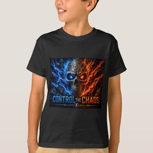Control the Chaos Skull – Fire & Ice Split Face |  Tシャツ (正面)