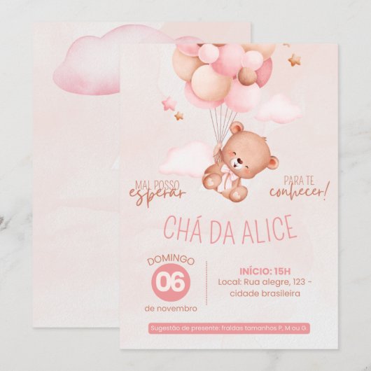 Convite Chá de Bebê da Ursinha Alice 招待状 (正面/裏面)