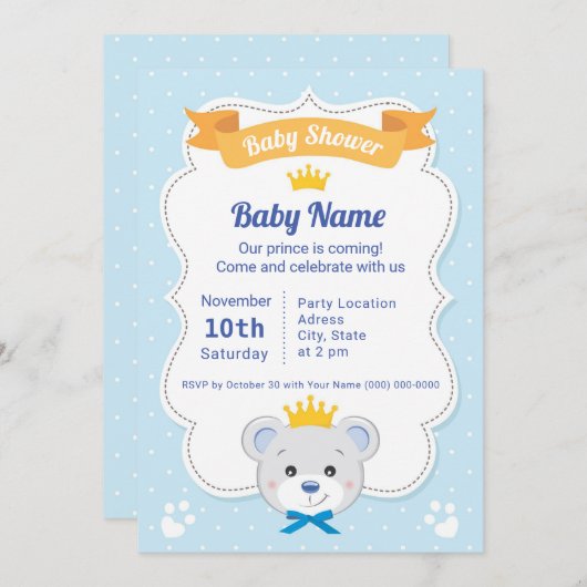 Convite Chá de Bebê “Prince Bear” (正面/裏面)