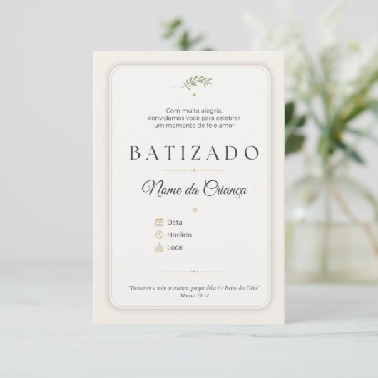 Convite de Batizado Personalizável Elegante 招待状 (スタンド正面)