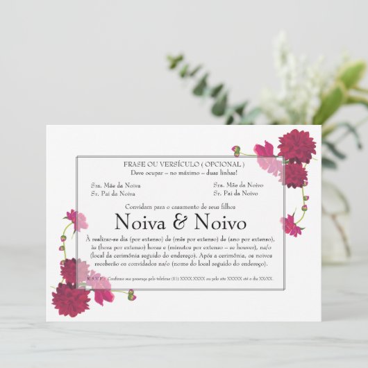 Convite de Casamento personalizável com flores. 招待状 (スタンド正面)