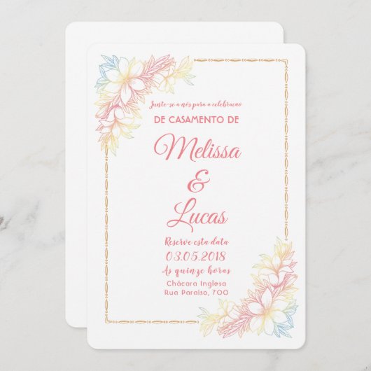 Convite de Casamento personalizável com flores. 招待状 (正面/裏面)