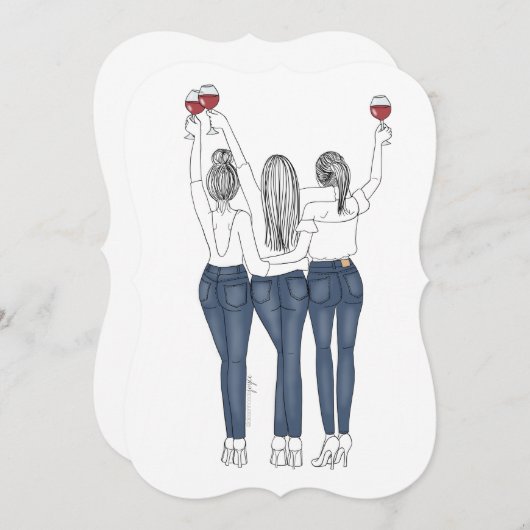 Convite Desenho Três Amigas com Vinho 招待状 (正面/裏面)