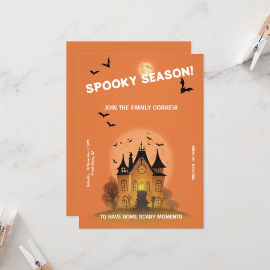 Convite Festa de Haloween Laranja com Mansão 招待状 (正面/裏面インサイチュ)