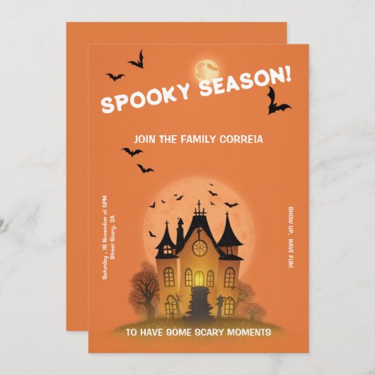 Convite Festa de Haloween Laranja com Mansão 招待状 (正面/裏面)