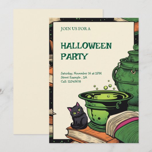 Convite Festa Halloween Caldeirão e Gato Preto 招待状 (正面/裏面)