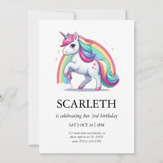 Convite Modern Cute Doodle Unicorn Stars Aniversár 招待状 (正面)
