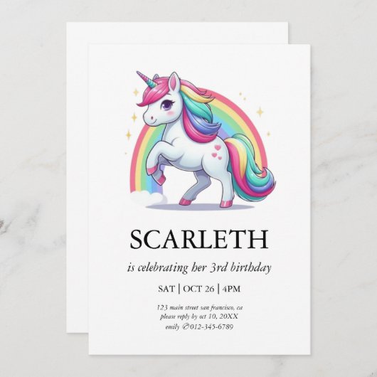 Convite Modern Cute Doodle Unicorn Stars Aniversár 招待状 (正面/裏面)