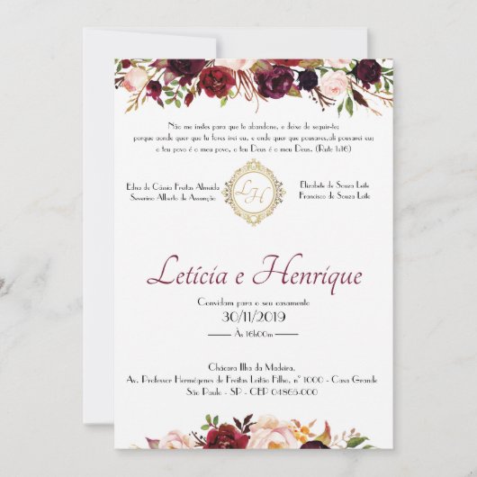 Convite para Casamento - Marsala | Frente 招待状 (正面)