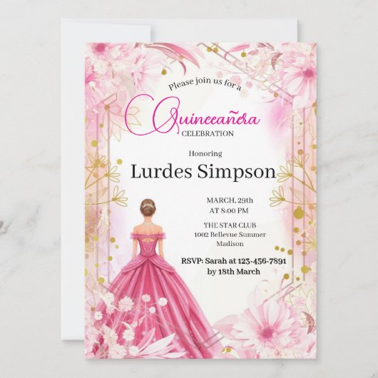 Convite Quinceañera invitation Floral Pink 招待状 (正面)