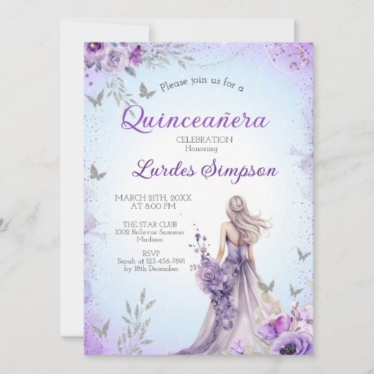 Convite Quinceañera invitation Purple and Silver 招待状 (正面)