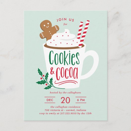 Cookieとココアクリスマス招待状はがき ポストカード (正面)
