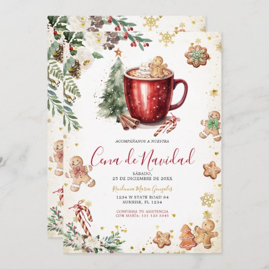 Cookie Cocoa Christmas Spanish Cena De Navidad 招待状 (正面/裏面)
