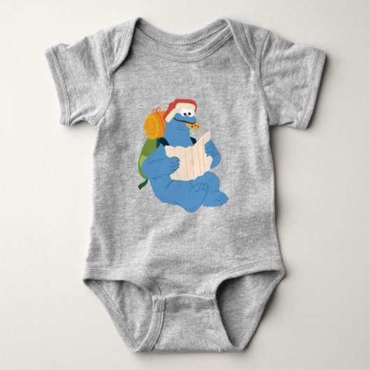 Cookie Monsterが地図を読む ベビーボディスーツ (正面)