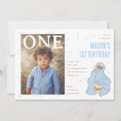 Cookie Monster Blue Confetti First Birthday 招待状 (正面)