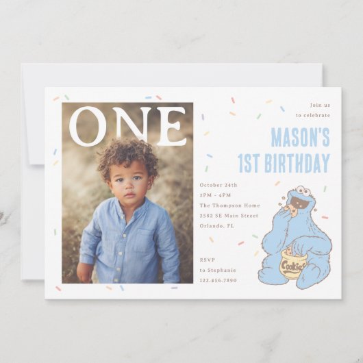 Cookie Monster Blue Confetti First Birthday 招待状 (正面)