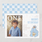 Cookie Monster Blue Confetti First Birthday 招待状 (正面/裏面)