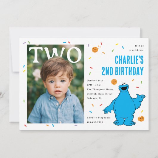 Cookie Monster Blue Confetti Second Birthday 招待状 (正面)