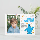 Cookie Monster Blue Confetti Second Birthday 招待状 (スタンド正面)