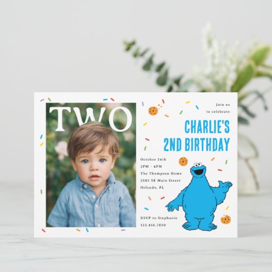 Cookie Monster Blue Confetti Second Birthday 招待状 (スタンド正面)