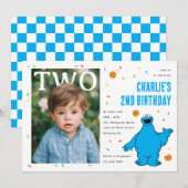 Cookie Monster Blue Confetti Second Birthday 招待状 (正面/裏面)