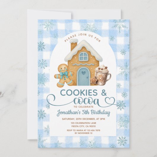 Cookies & Cocoa Birthday Blue Snowflakes Gingham 招待状 (正面)
