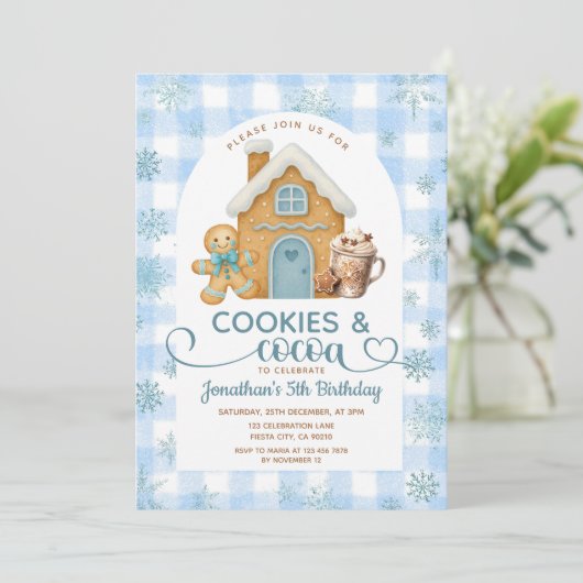 Cookies & Cocoa Birthday Blue Snowflakes Gingham 招待状 (スタンド正面)