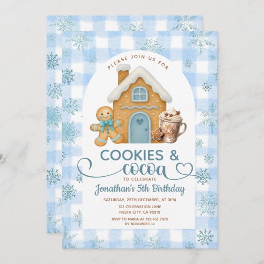 Cookies & Cocoa Birthday Blue Snowflakes Gingham 招待状 (正面/裏面)