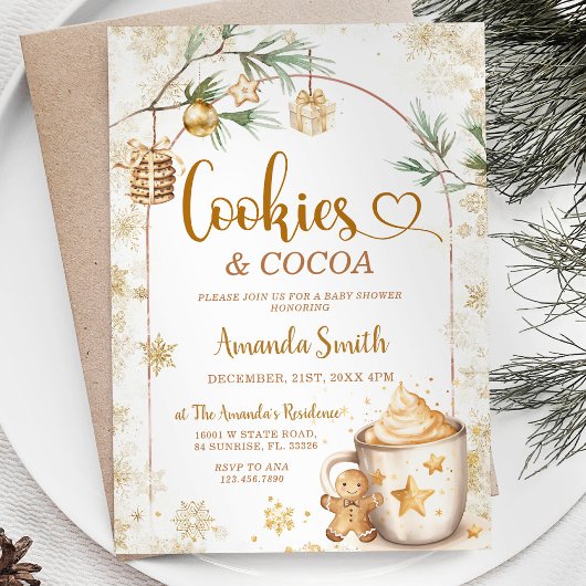 Cookies & Cocoa Winter Gold Christmas Baby Shower 招待状