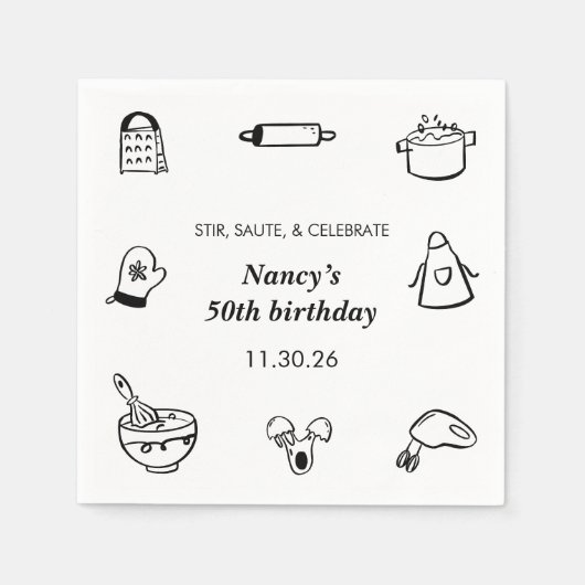 Cooking Birthday Party Hand Drawn Chef Minimalist  スタンダードカクテルナプキン (正面)