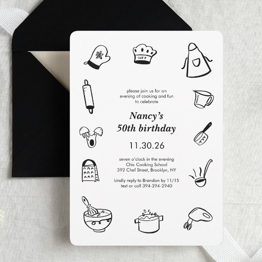 Cooking Birthday Party Hand Drawn Chef Minimalist  招待状