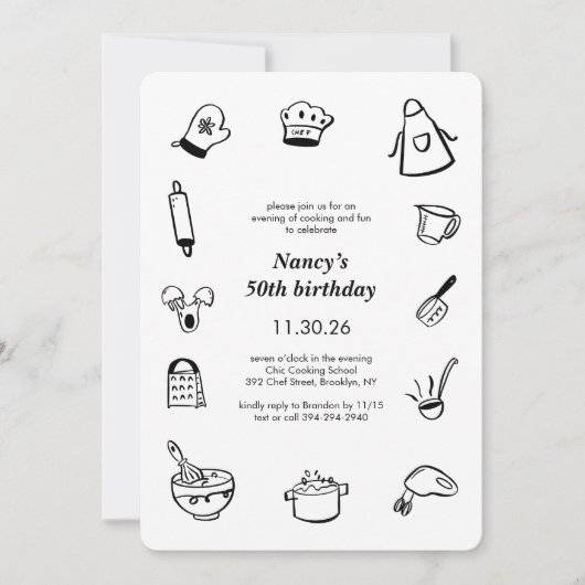 Cooking Birthday Party Hand Drawn Chef Minimalist  招待状 (正面)