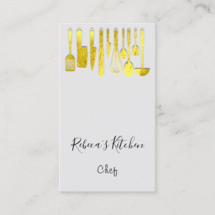 Cooking Logo  Chef Restaurant Gray Golden Knifes  名刺