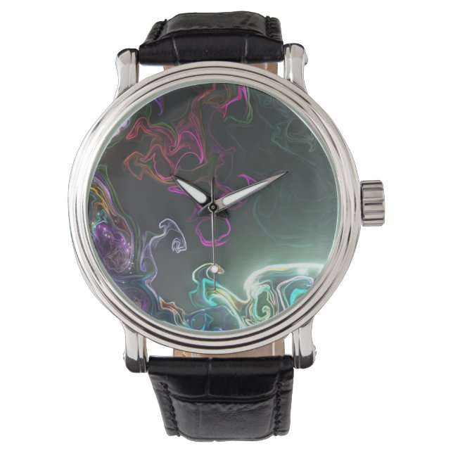 Cool Abstract Neon Liquid Art Black 腕時計 (正面)