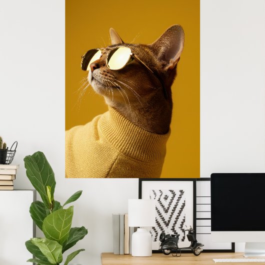 Cool Abyssinian Cat with Sunglasses and Turtleneck ポスター (ホームオフィス)