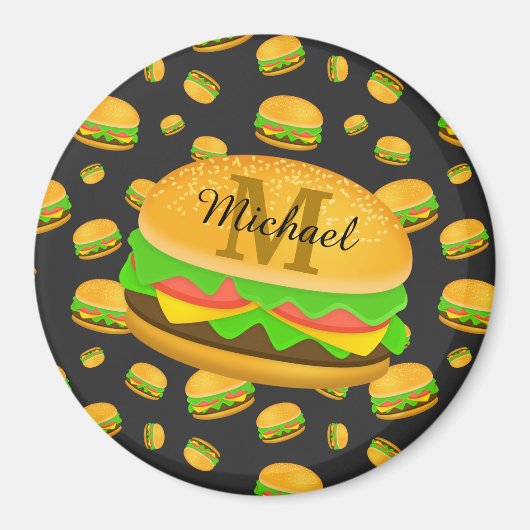 Cool and fun yummy burger pattern Monogram マグネット (正面)